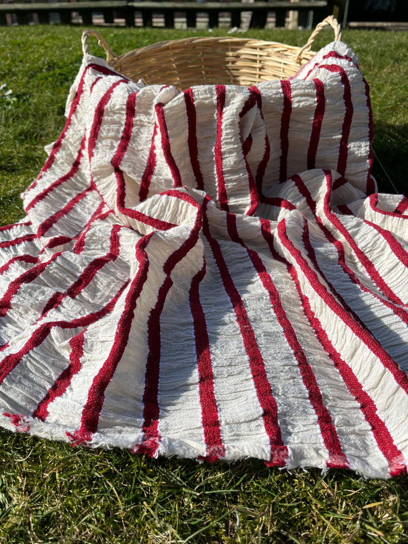 Red Striped Cotton Crinkle Fabric Stretchy.