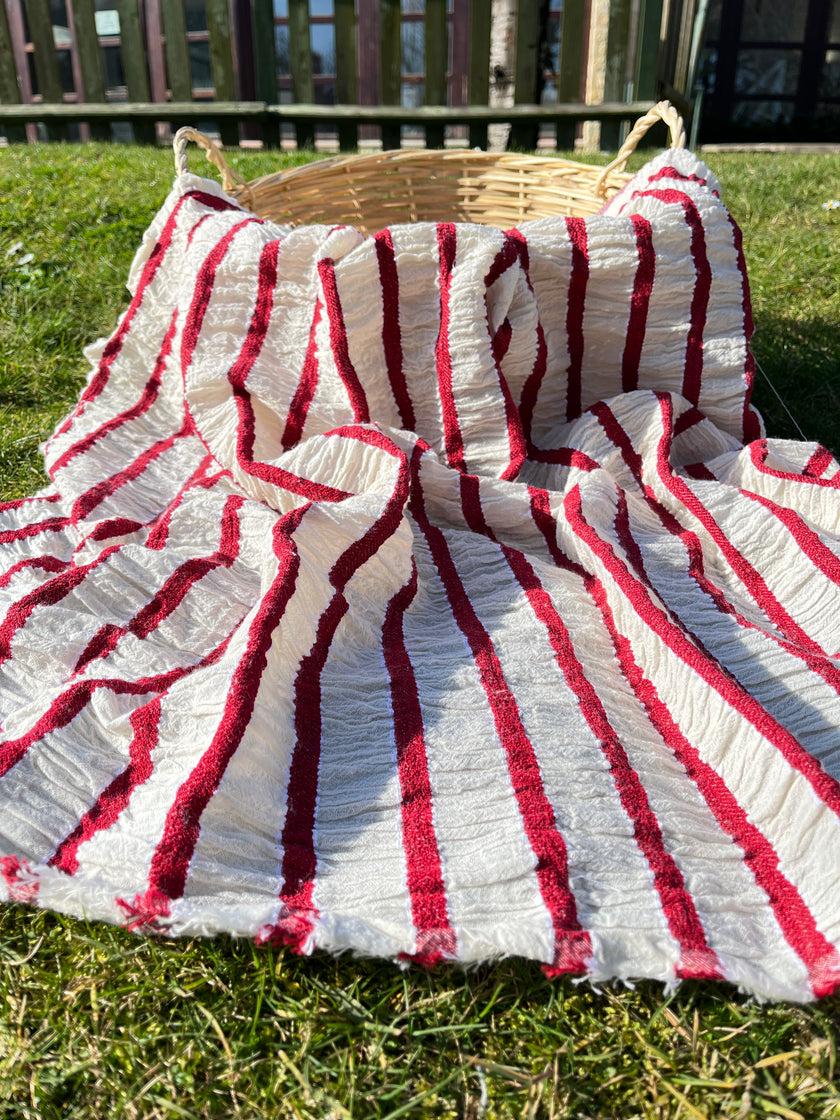 Red Striped Cotton Crinkle Fabric Stretchy.