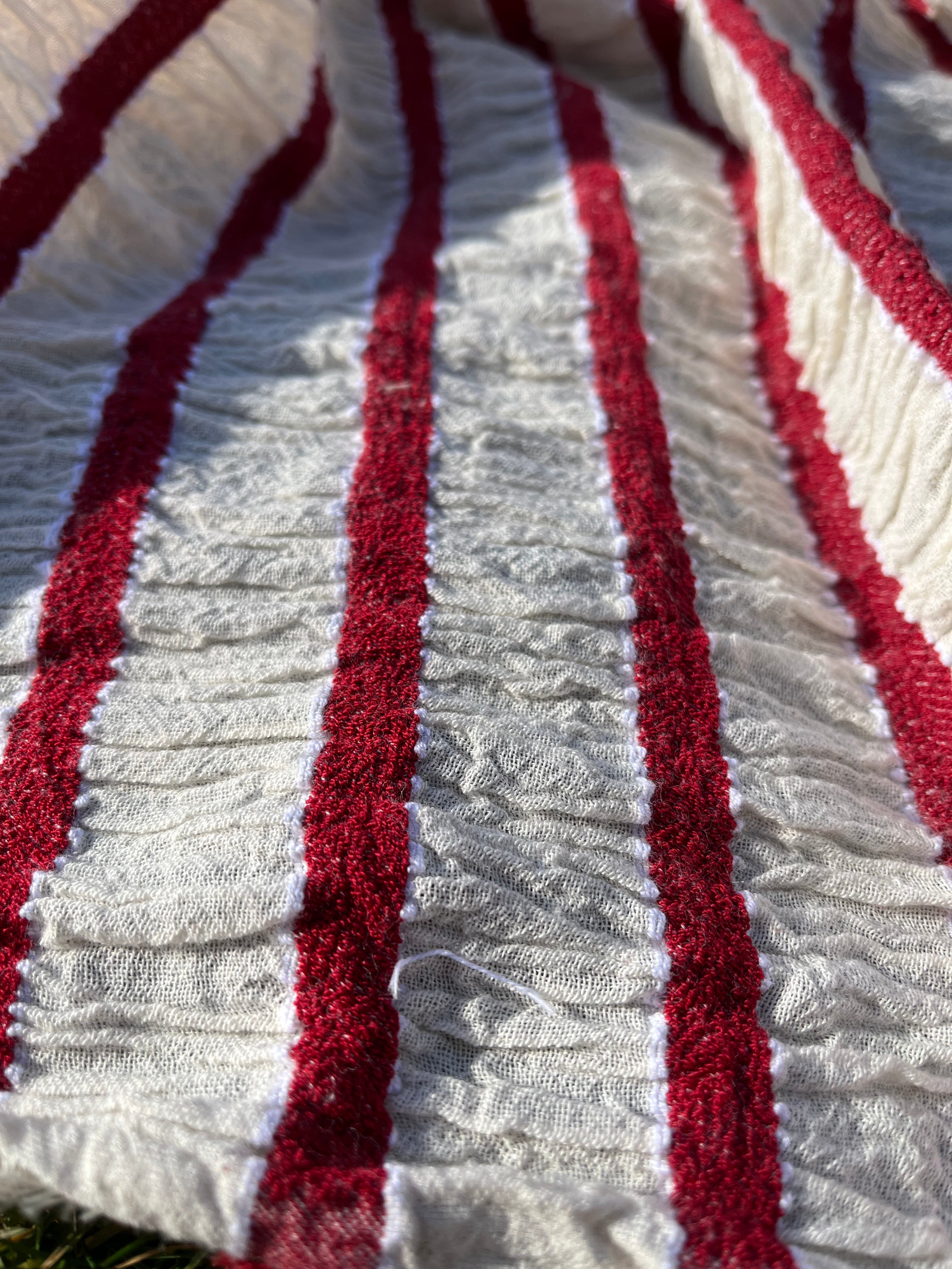 Red Striped Cotton Crinkle Fabric Stretchy.