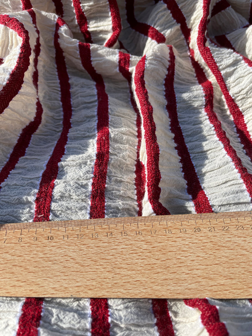 Red Striped Cotton Crinkle Fabric Stretchy.