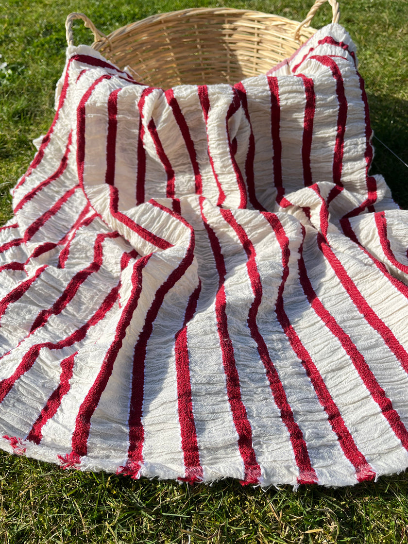 Red Striped Cotton Crinkle Fabric Stretchy.