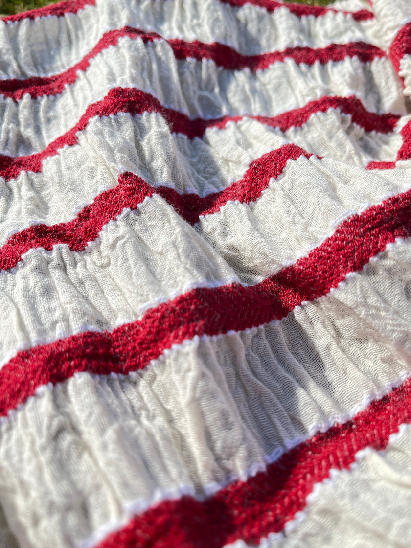 Red Striped Cotton Crinkle Fabric Stretchy.