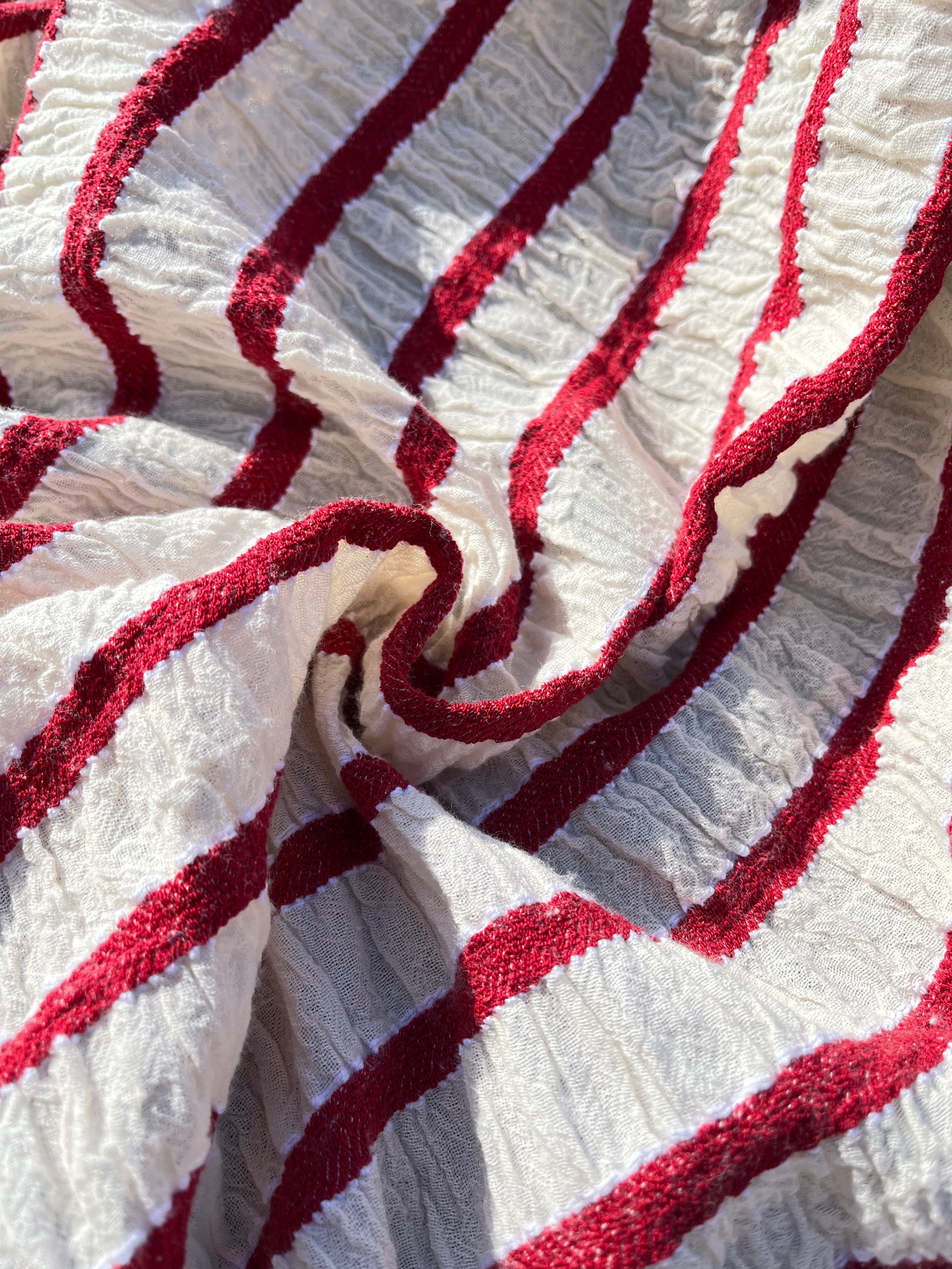 Red Striped Cotton Crinkle Fabric Stretchy.