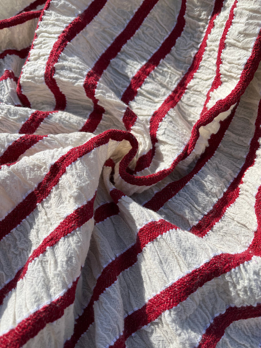 Red Striped Cotton Crinkle Fabric Stretchy.
