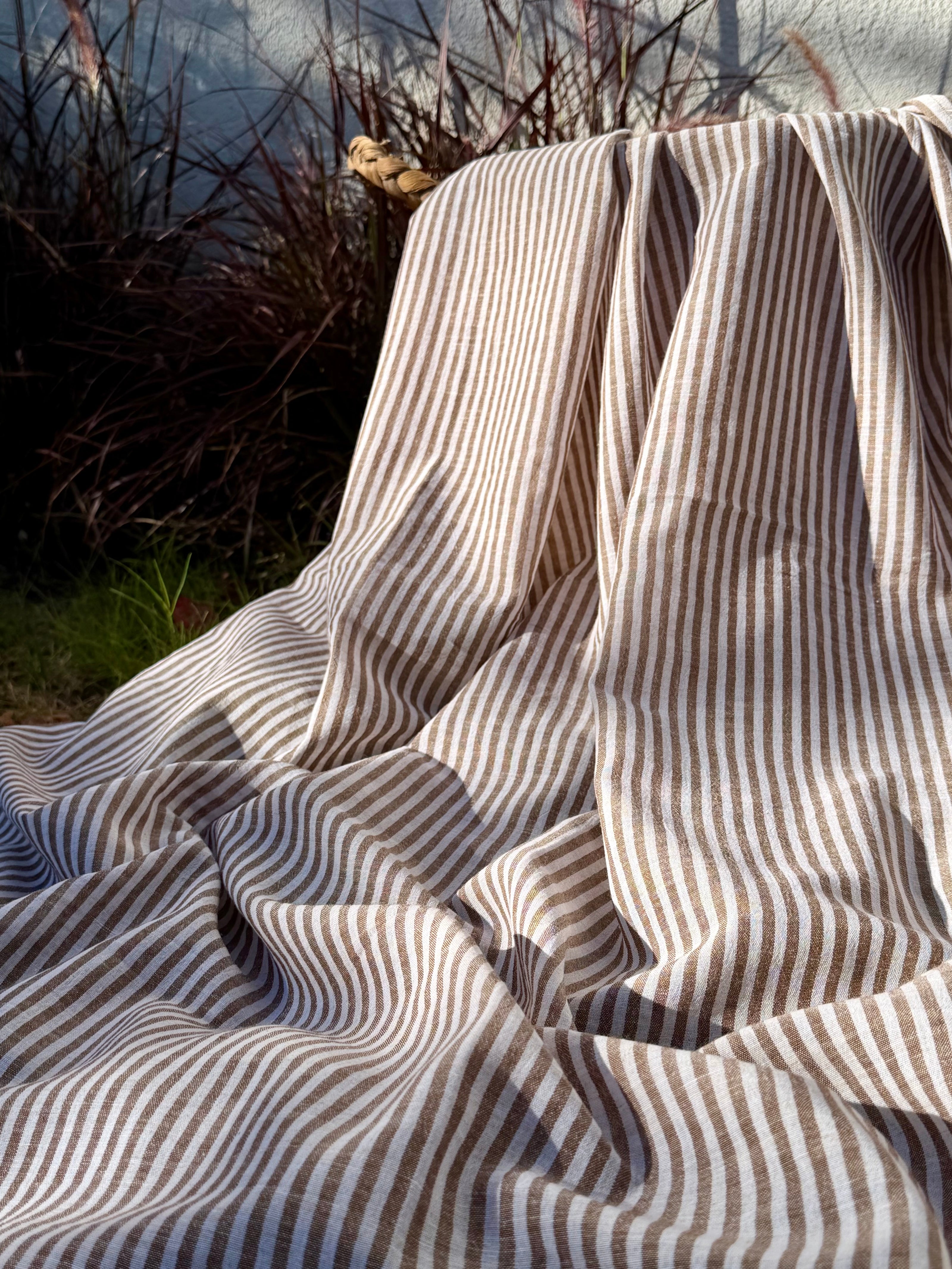 Organic Brown & White Pin Stripe Cotton Fabric by the Yard | 145 cm Wide Handwoven Turkish Cotton