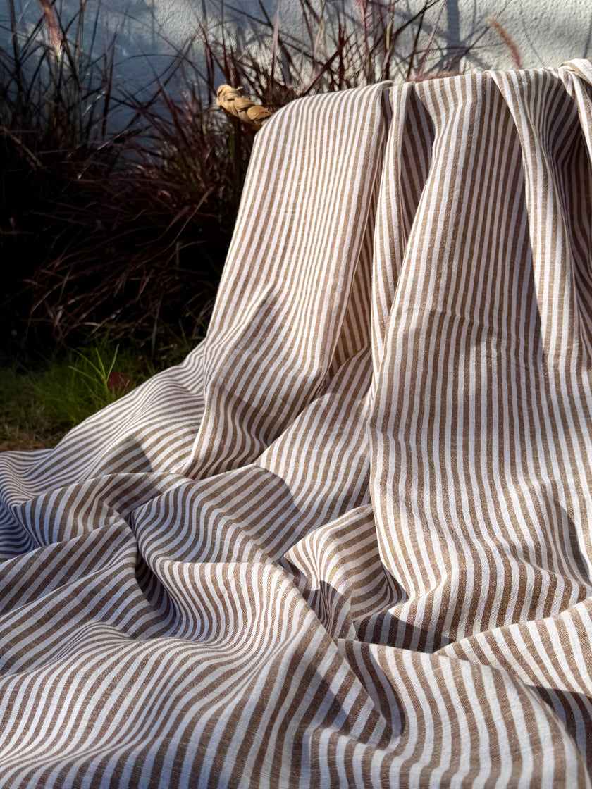 Organic Brown & White Pin Stripe Cotton Fabric by the Yard | 145 cm Wide Handwoven Turkish Cotton