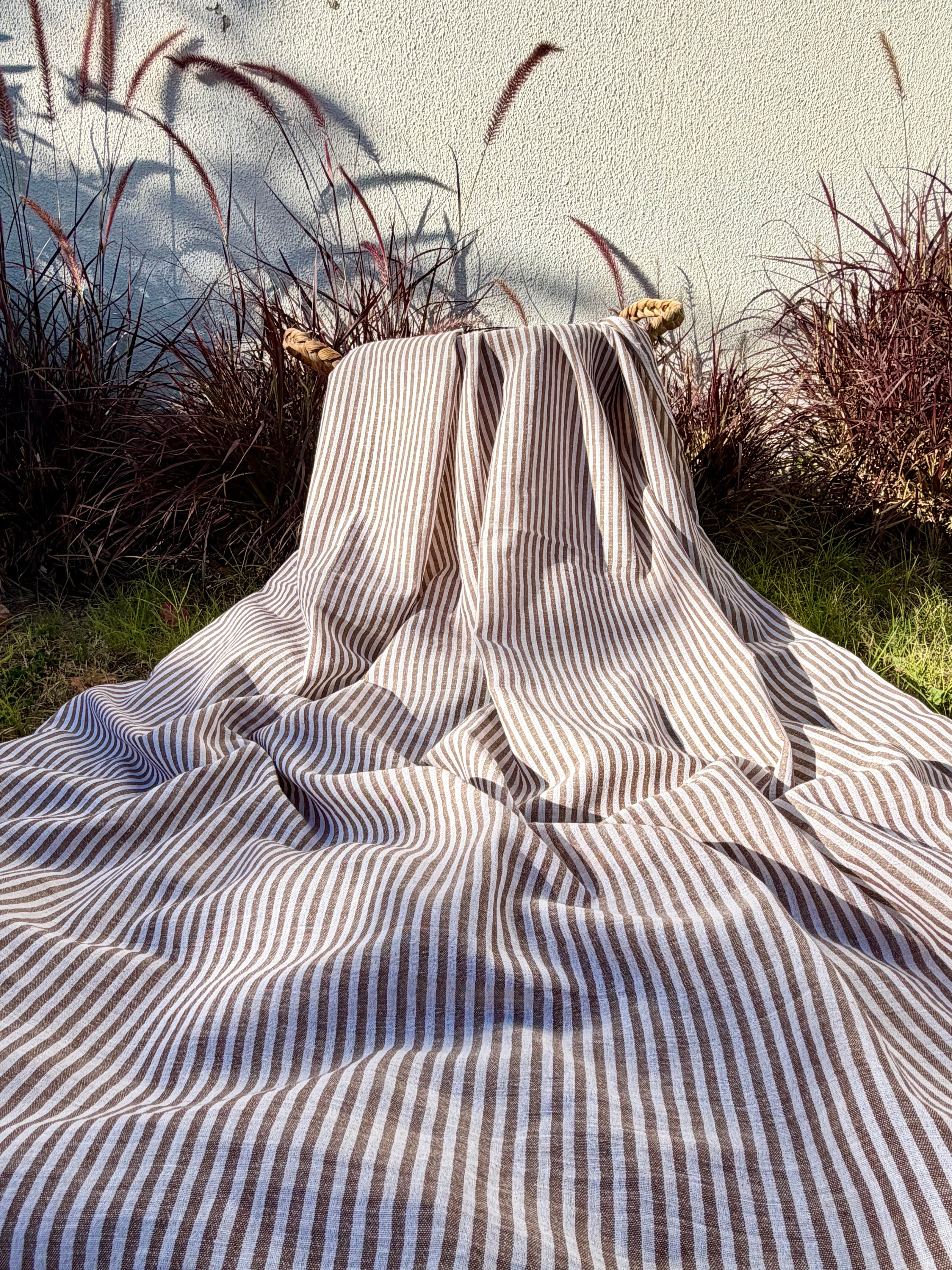 Organic Brown & White Pin Stripe Cotton Fabric by the Yard | 145 cm Wide Handwoven Turkish Cotton