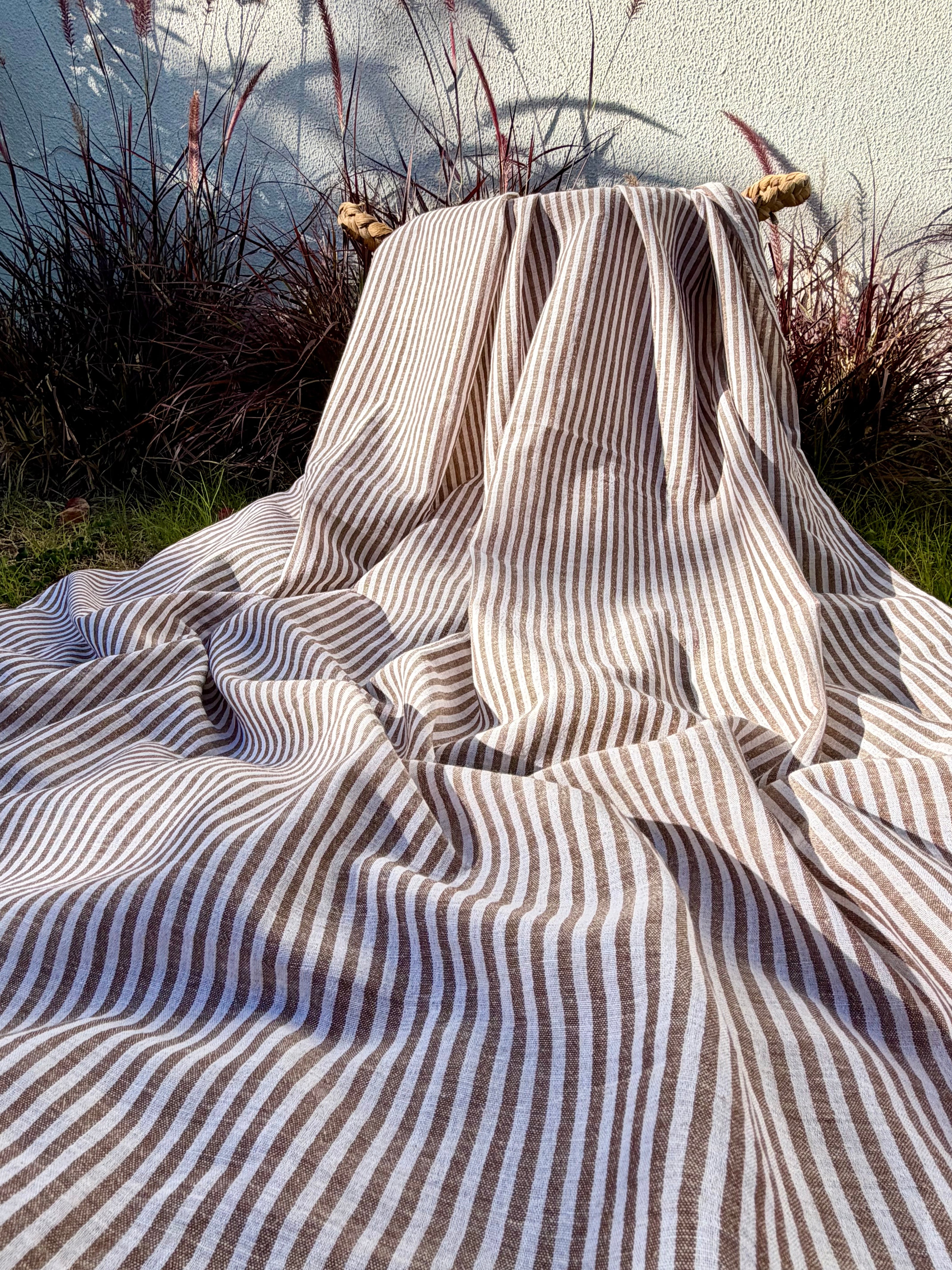 Organic Brown & White Pin Stripe Cotton Fabric by the Yard | 145 cm Wide Handwoven Turkish Cotton