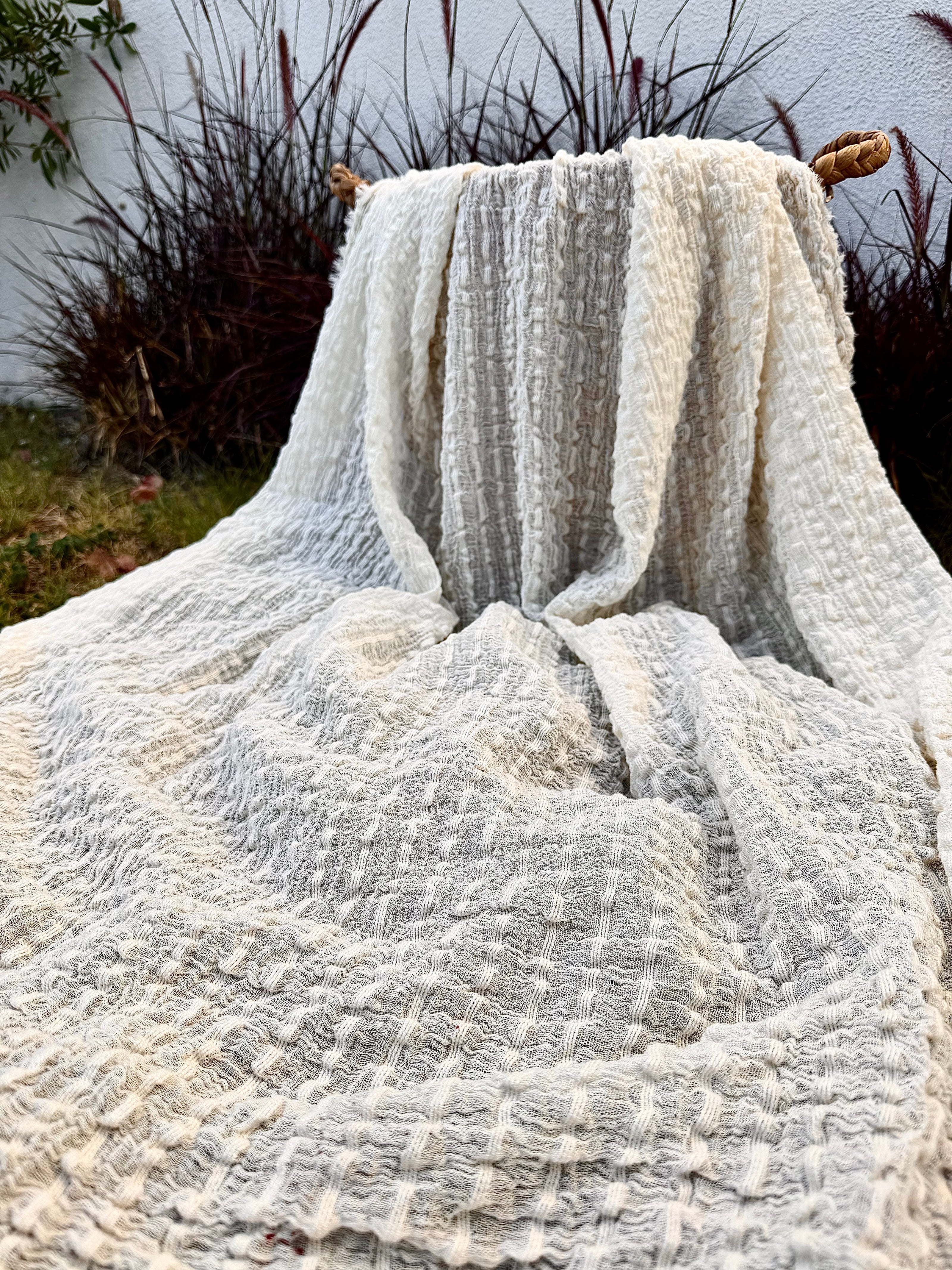 Neutral Stretchy Crinkle Cotton Fabric, Textured Surface.Handwoven Striped Crinkle Cotton Fabric – Organic Cotton & Beech Wood Fiber Blend