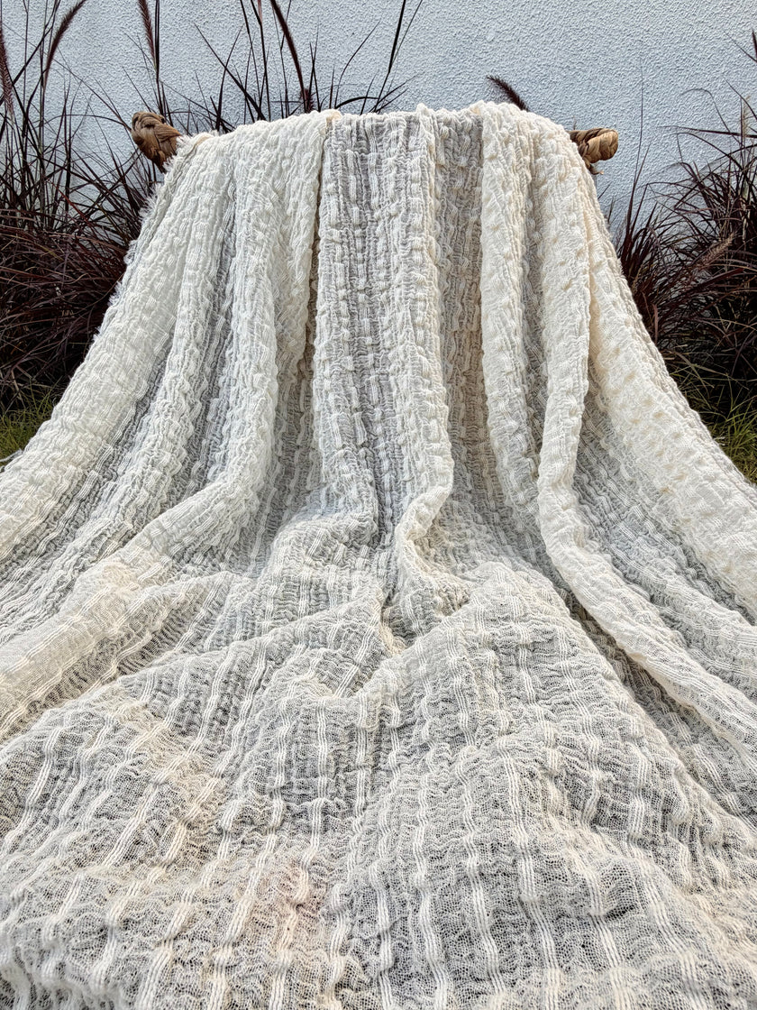 Neutral Stretchy Crinkle Cotton Fabric, Textured Surface.Handwoven Striped Crinkle Cotton Fabric – Organic Cotton & Beech Wood Fiber Blend