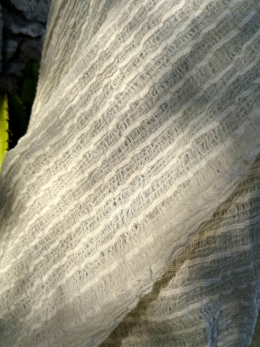 Neutral Stretchy Crinkle Cotton Fabric, Textured Surface.Handwoven Striped Crinkle Cotton Fabric – Organic Cotton & Beech Wood Fiber Blend