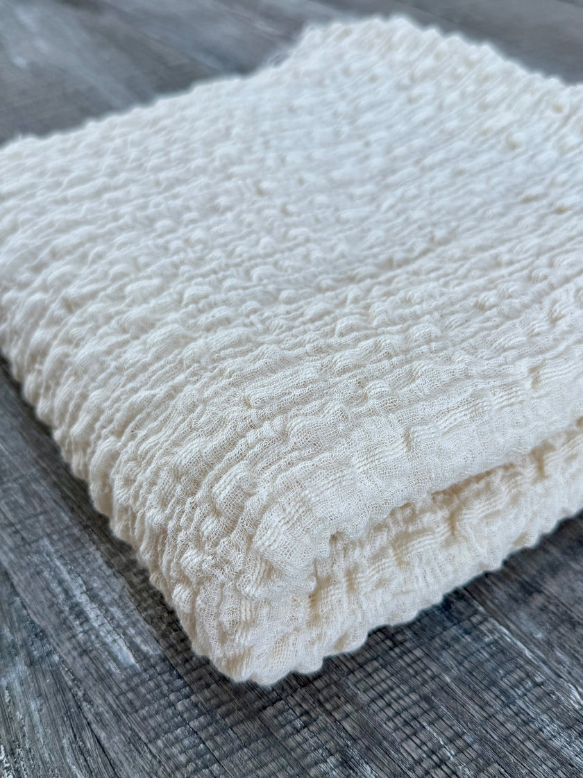 Neutral Stretchy Crinkle Cotton Fabric, Textured Surface.Handwoven Striped Crinkle Cotton Fabric – Organic Cotton & Beech Wood Fiber Blend