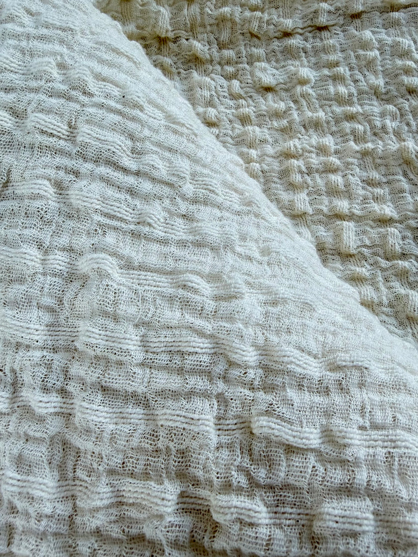 Neutral Stretchy Crinkle Cotton Fabric, Textured Surface.Handwoven Striped Crinkle Cotton Fabric – Organic Cotton & Beech Wood Fiber Blend