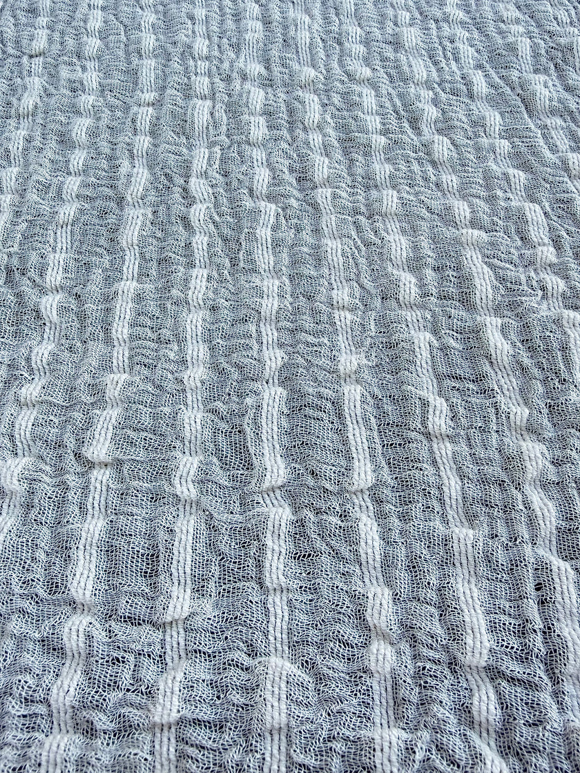 Neutral Stretchy Crinkle Cotton Fabric, Textured Surface.Handwoven Striped Crinkle Cotton Fabric – Organic Cotton & Beech Wood Fiber Blend