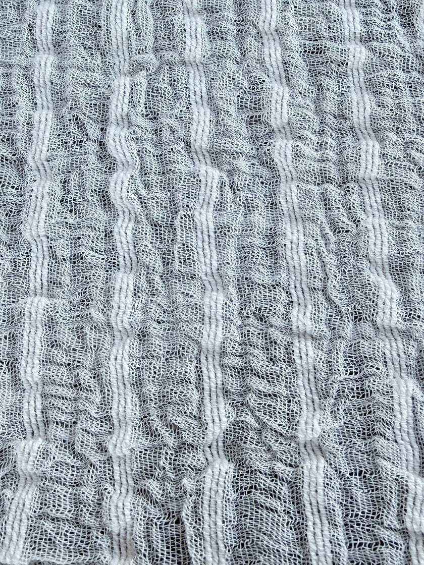 Neutral Stretchy Crinkle Cotton Fabric, Textured Surface.Handwoven Striped Crinkle Cotton Fabric – Organic Cotton & Beech Wood Fiber Blend