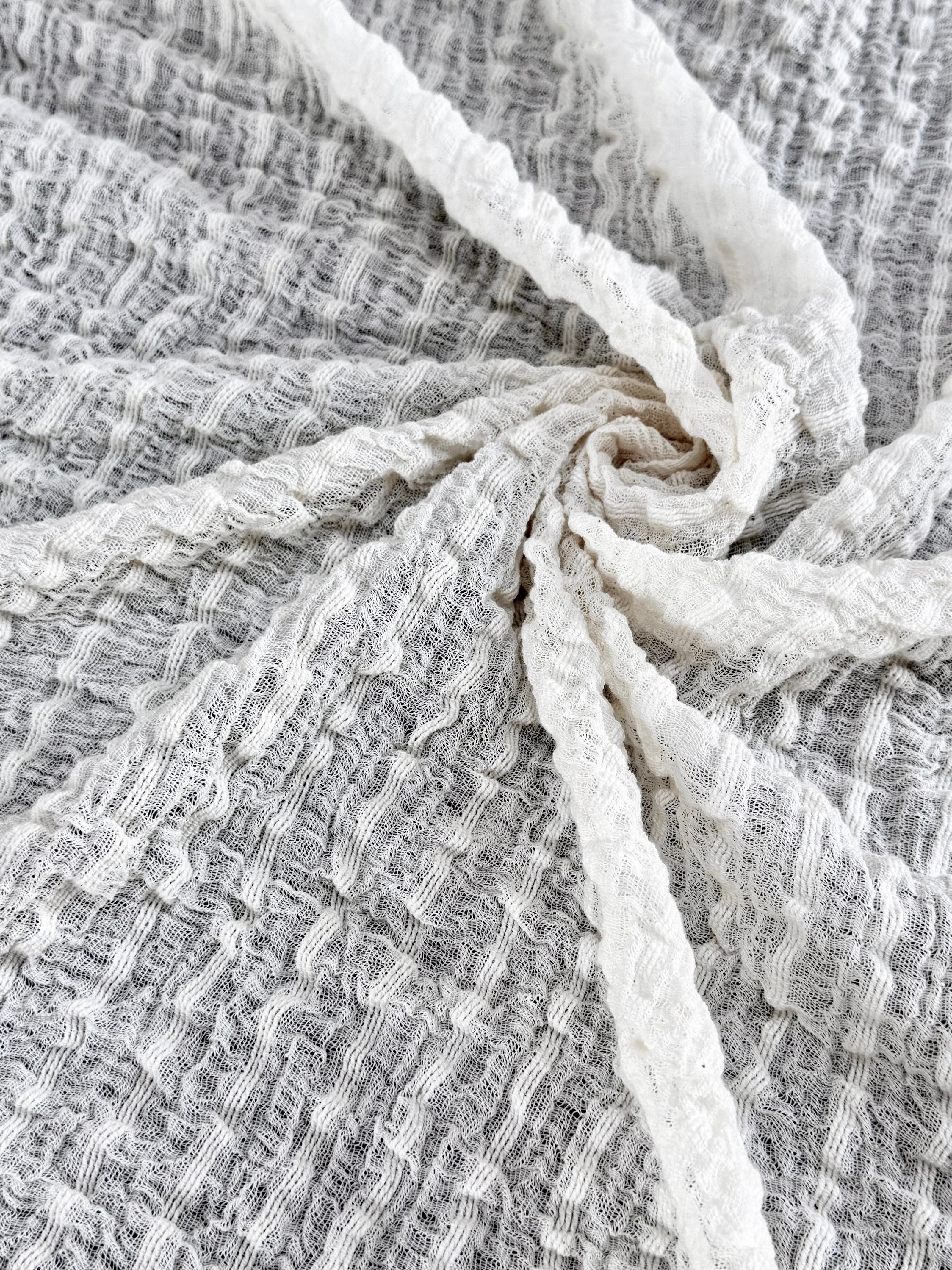 Neutral Stretchy Crinkle Cotton Fabric, Textured Surface.Handwoven Striped Crinkle Cotton Fabric – Organic Cotton & Beech Wood Fiber Blend