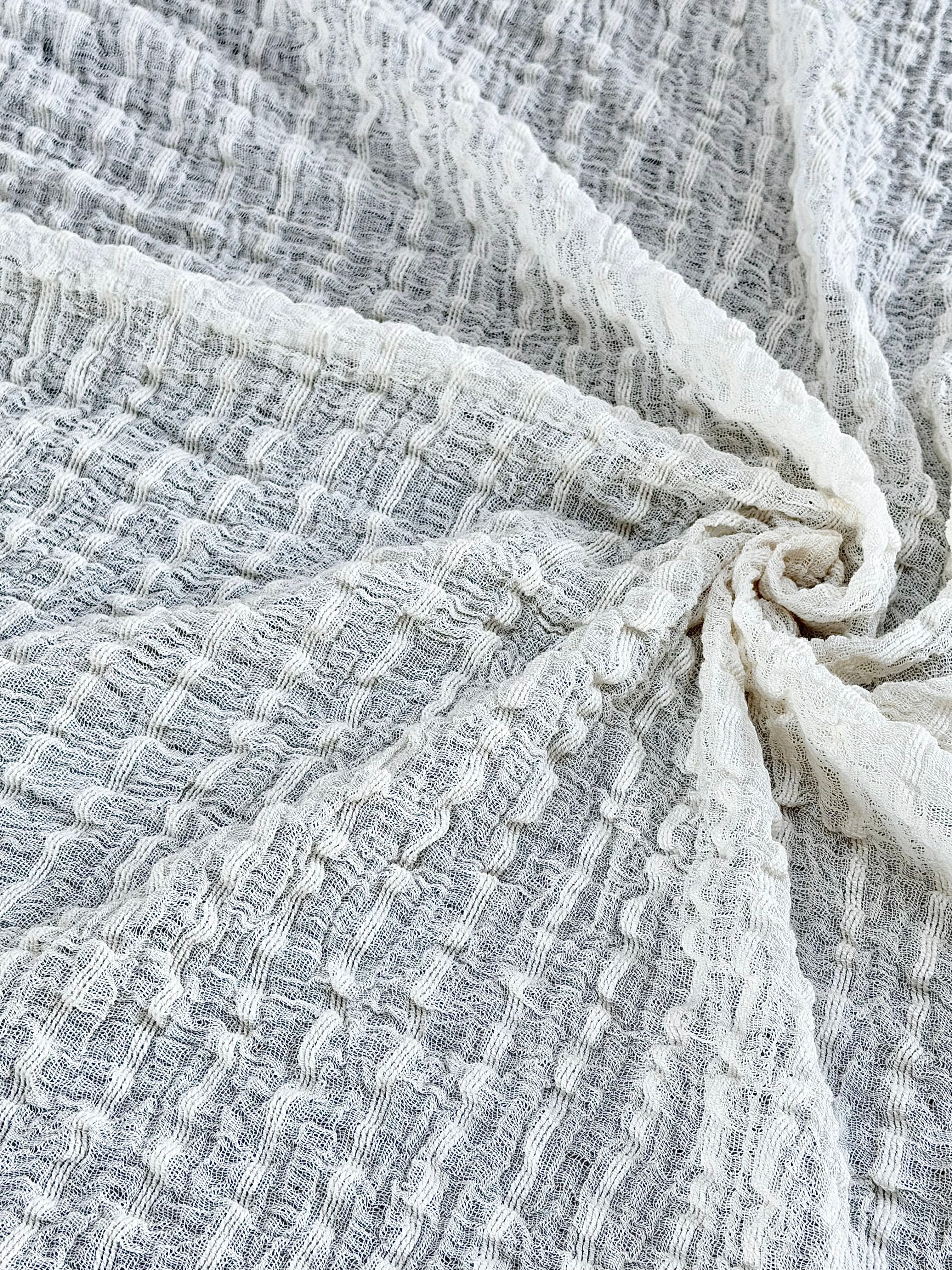 Neutral Stretchy Crinkle Cotton Fabric, Textured Surface.Handwoven Striped Crinkle Cotton Fabric – Organic Cotton & Beech Wood Fiber Blend
