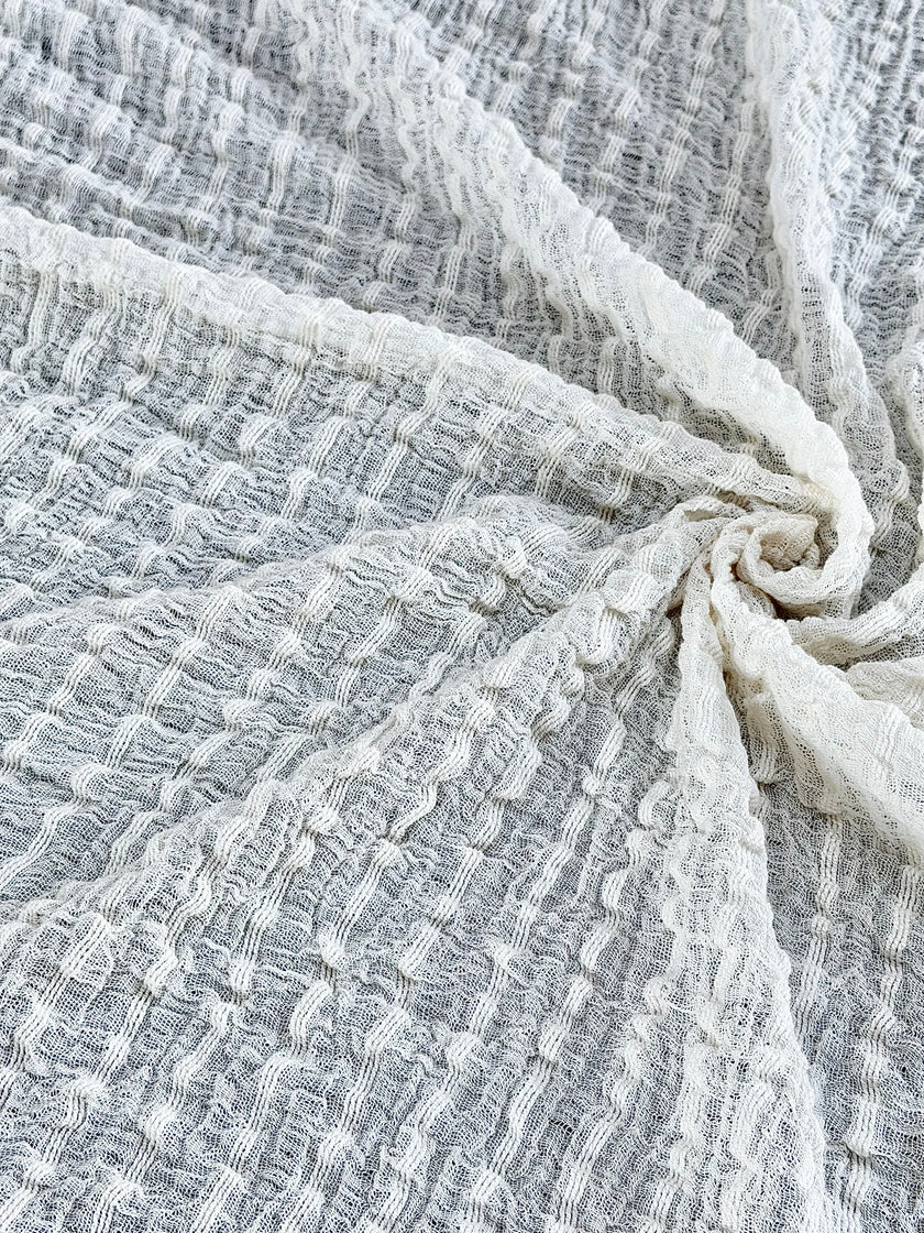 Neutral Stretchy Crinkle Cotton Fabric, Textured Surface.Handwoven Striped Crinkle Cotton Fabric – Organic Cotton & Beech Wood Fiber Blend