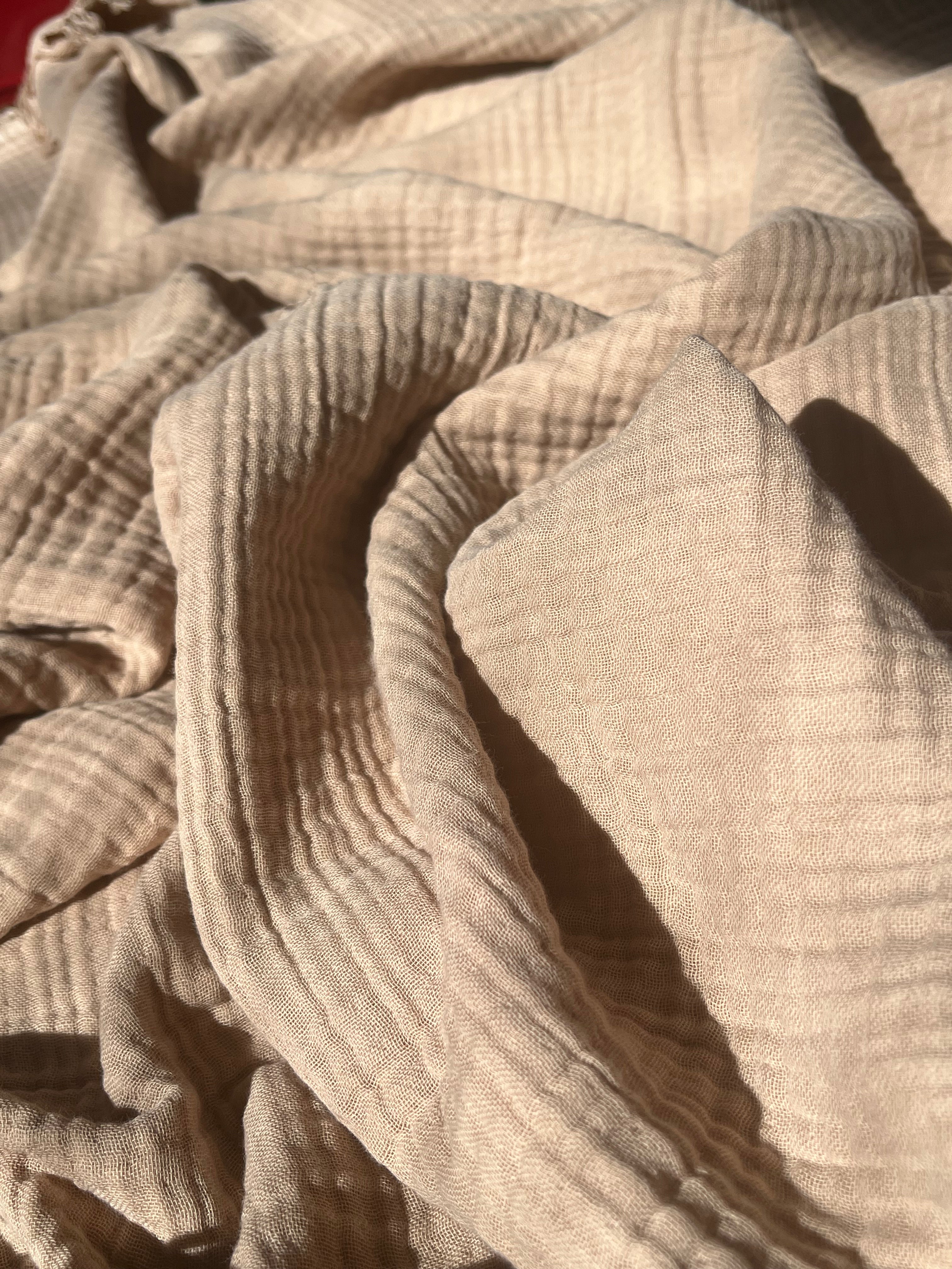 Organic Muslin Baby Blanket – 140x100cm Double Layered, Undyed Cotton, Newborn Swaddle with Fringed Edges – Light Pink, Blue, Sage, Biscuit