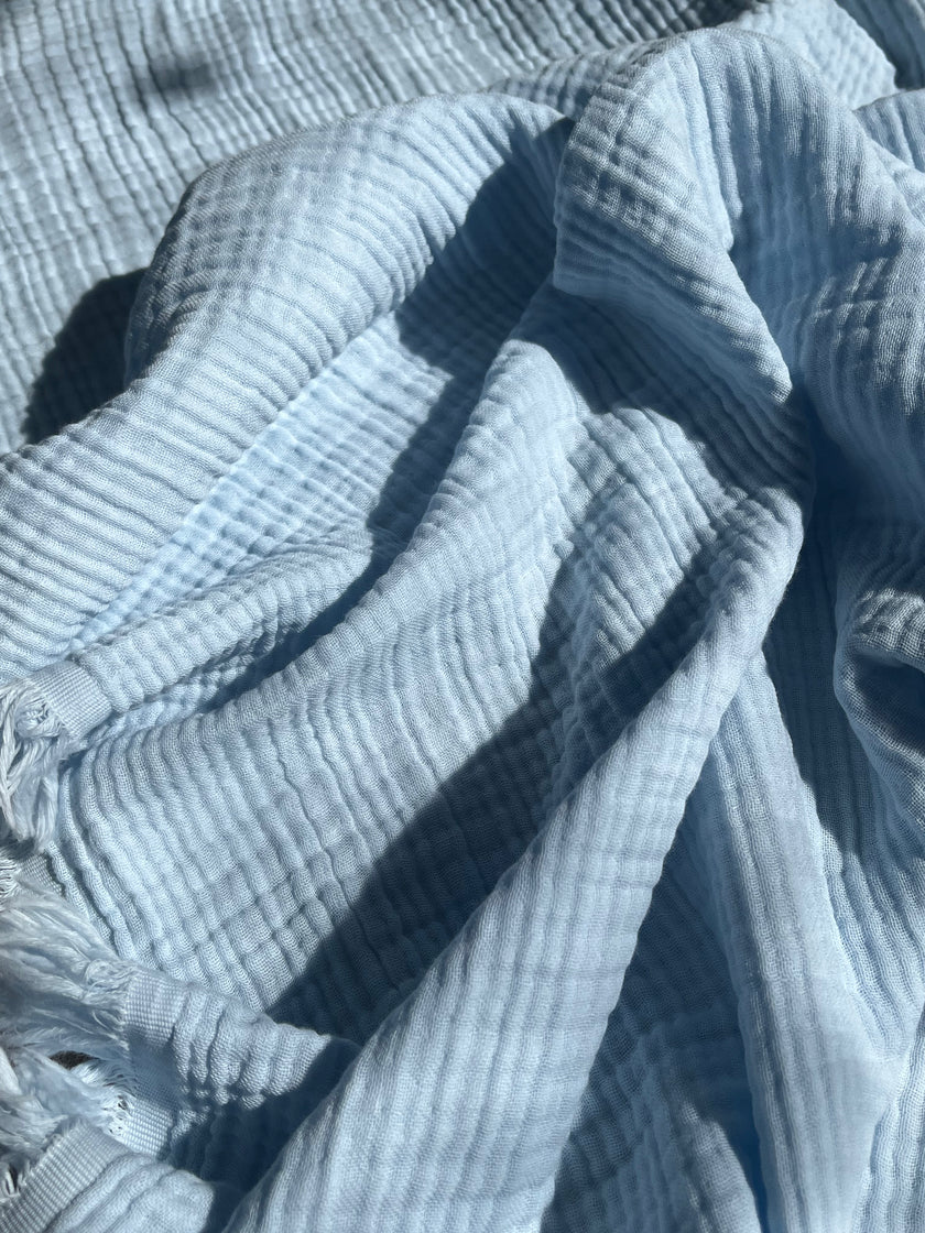 Organic Muslin Baby Blanket – 140x100cm Double Layered, Undyed Cotton, Newborn Swaddle with Fringed Edges – Light Pink, Blue, Sage, Biscuit