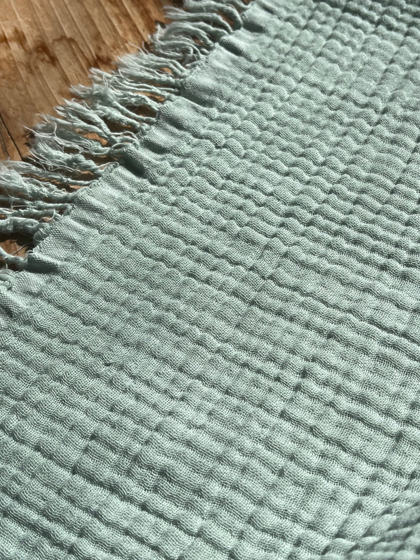 Organic Muslin Baby Blanket – 140x100cm Double Layered, Undyed Cotton, Newborn Swaddle with Fringed Edges – Light Pink, Blue, Sage, Biscuit