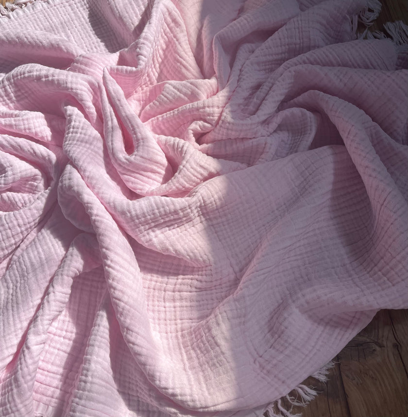 Organic Muslin Baby Blanket – 140x100cm Double Layered, Undyed Cotton, Newborn Swaddle with Fringed Edges – Light Pink, Blue, Sage, Biscuit