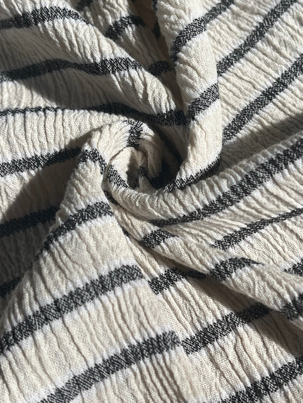 Unbleached Neutral Ivory Colour Black Striped Crinkle Gauze Fabric, Sile Cloth. Sile Fabric.