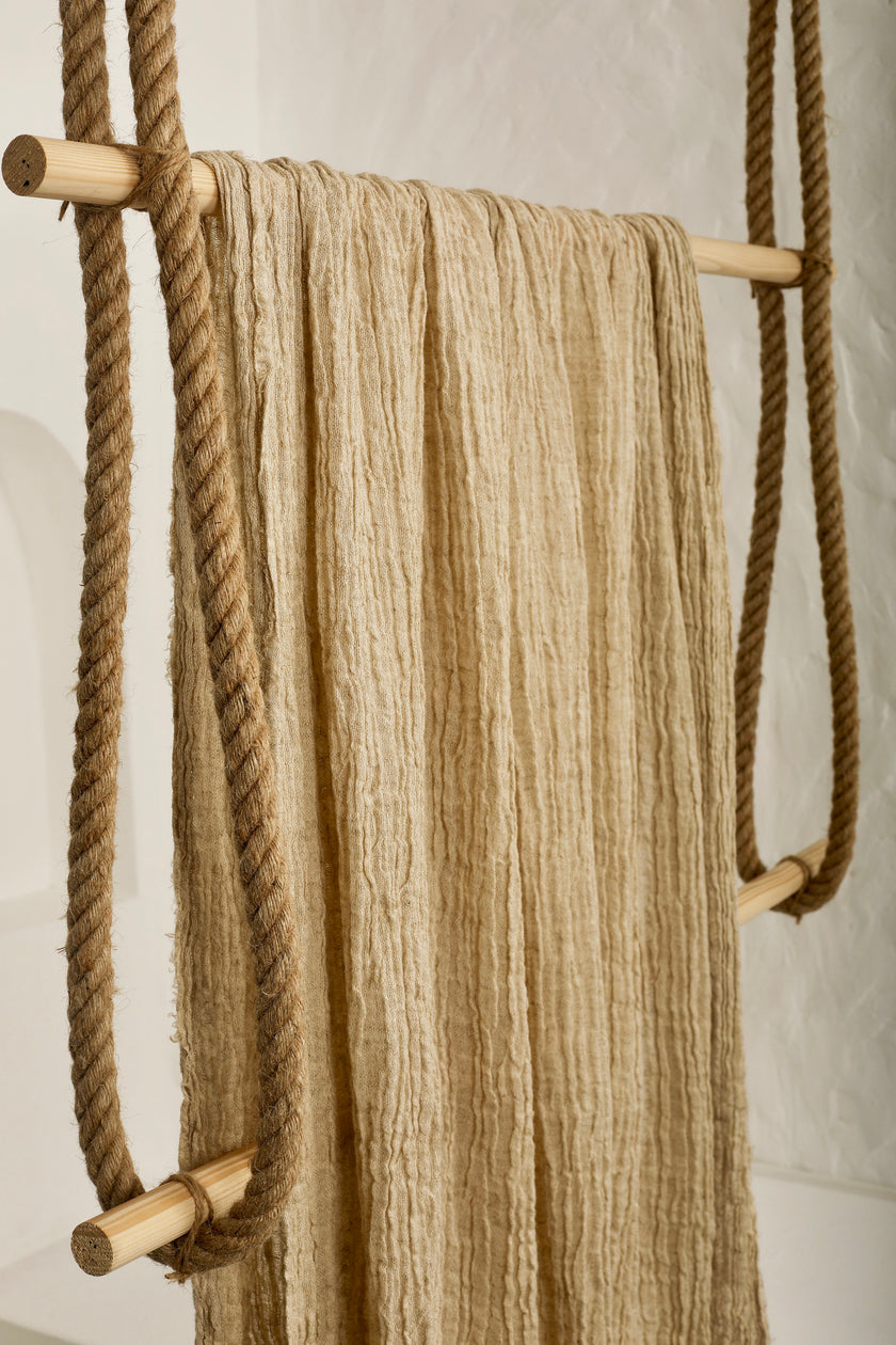 Neutral Stretchy Crinkle Linen Fabric, Textured Surface.