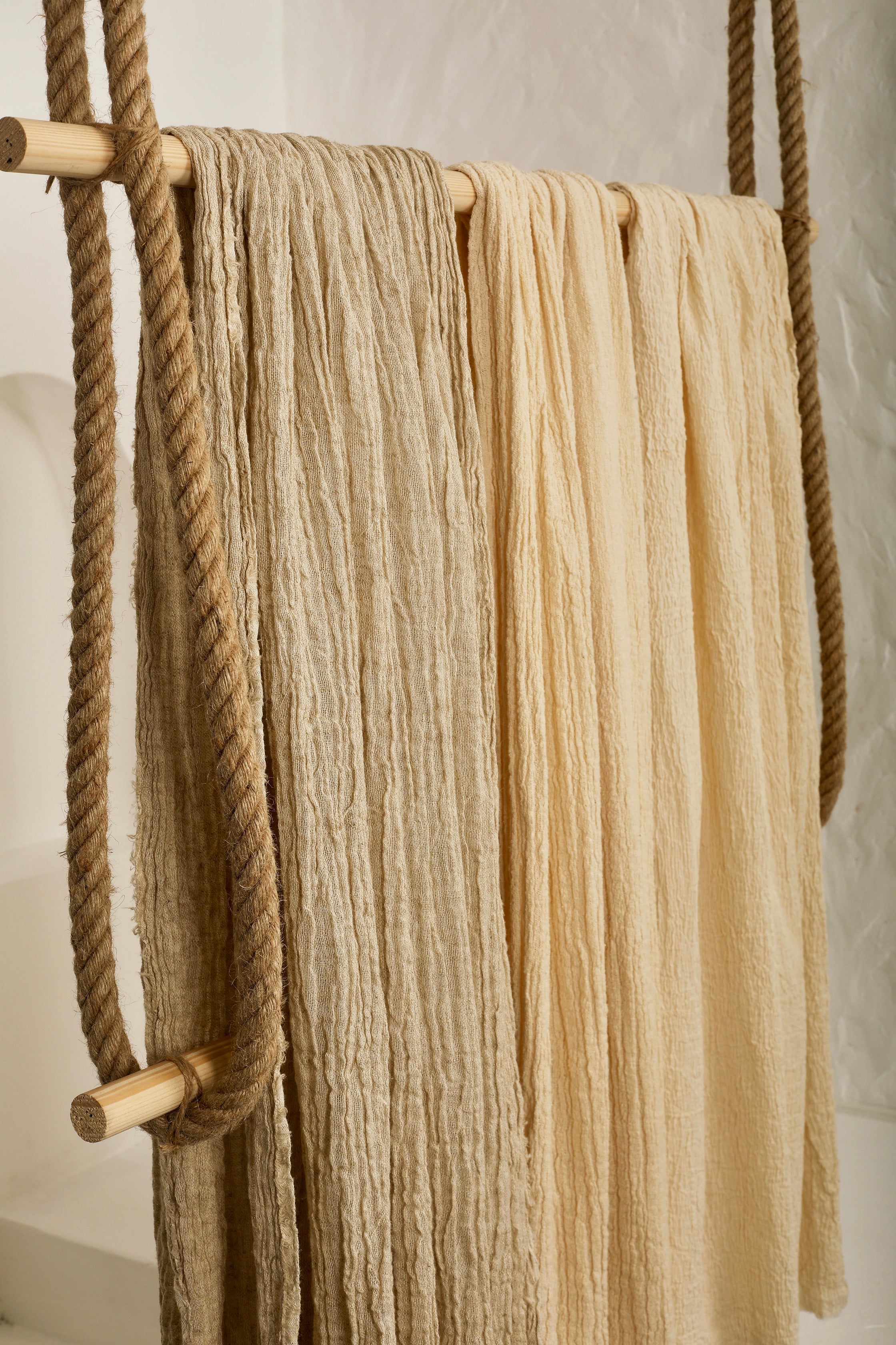 Neutral Stretchy Crinkle Cotton Fabric, Textured Surface, Off White Handwoven.