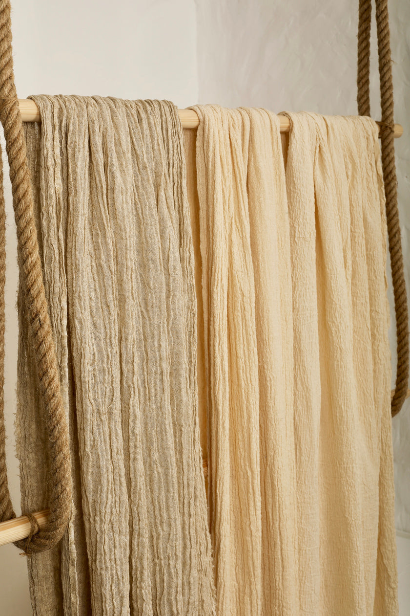 Neutral Stretchy Crinkle Cotton Fabric, Textured Surface, Off White Handwoven.
