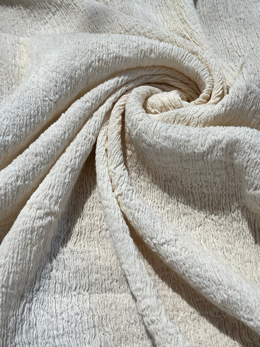 Neutral Stretchy Crinkle Cotton Fabric, Textured Surface, Off White Handwoven.