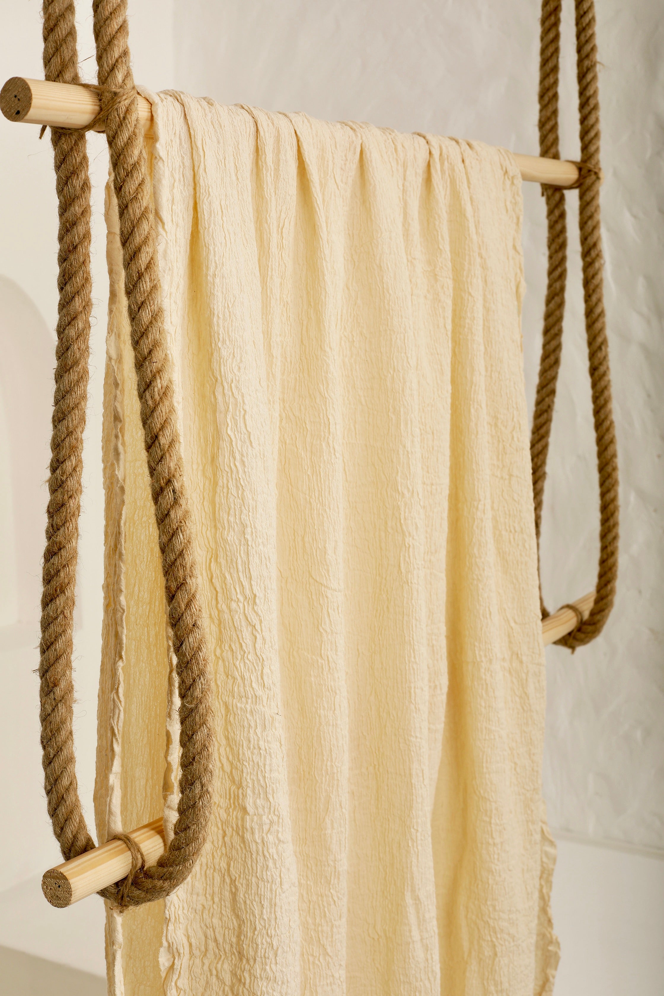 Neutral Stretchy Crinkle Cotton Fabric, Textured Surface, Off White Handwoven.