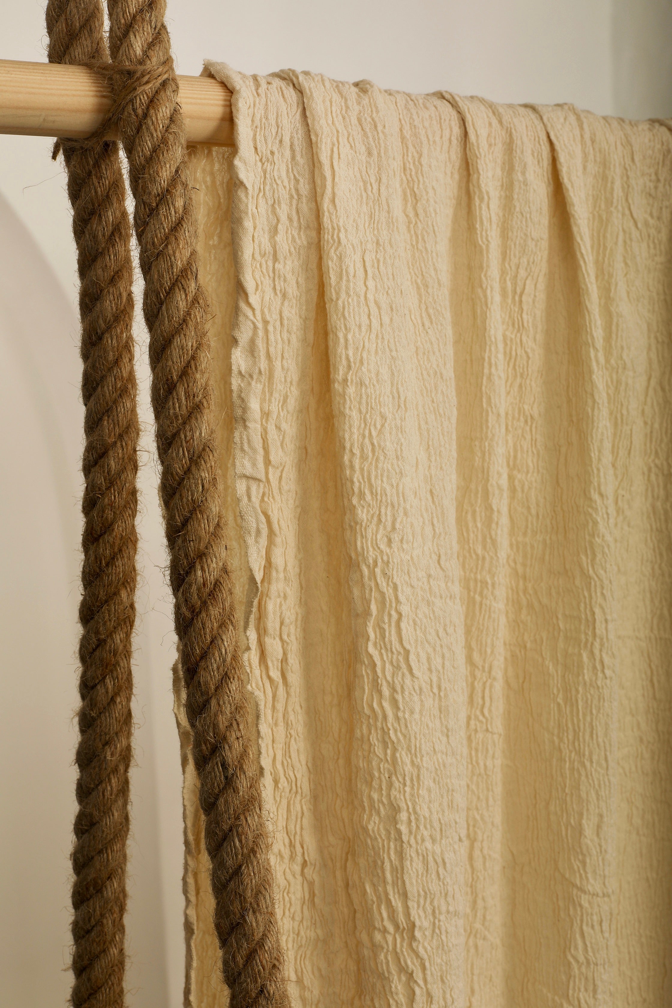 Neutral Stretchy Crinkle Cotton Fabric, Textured Surface, Off White Handwoven.