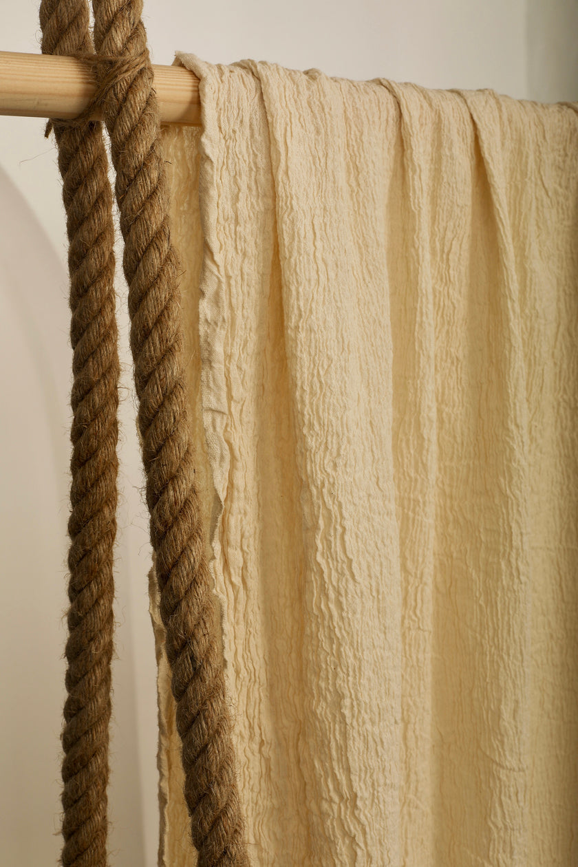 Neutral Stretchy Crinkle Cotton Fabric, Textured Surface, Off White Handwoven.