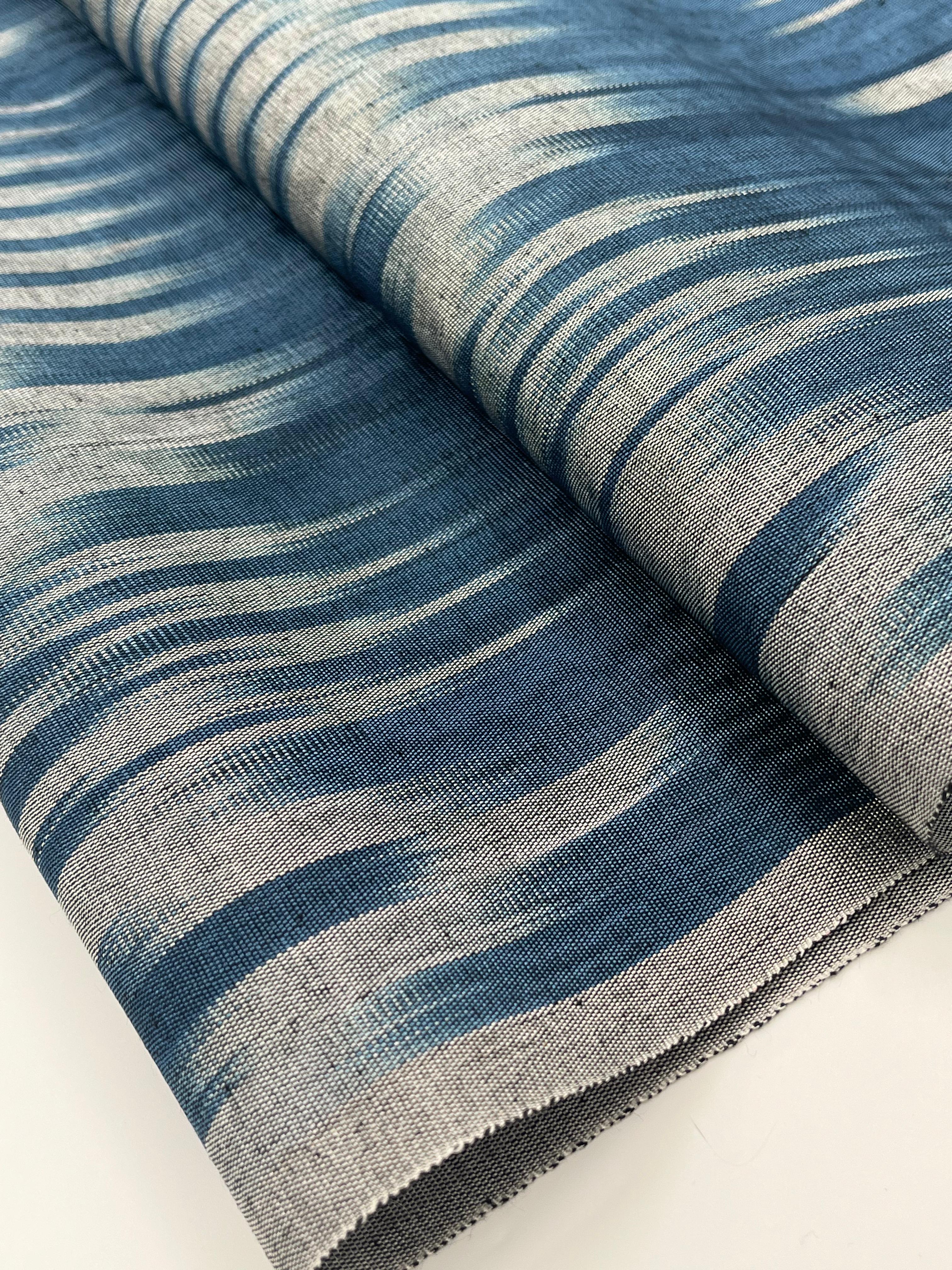 Ikat Silver Blue Striped Silk Home Textile Interior Fabrics Moire, Watermark Pattern.