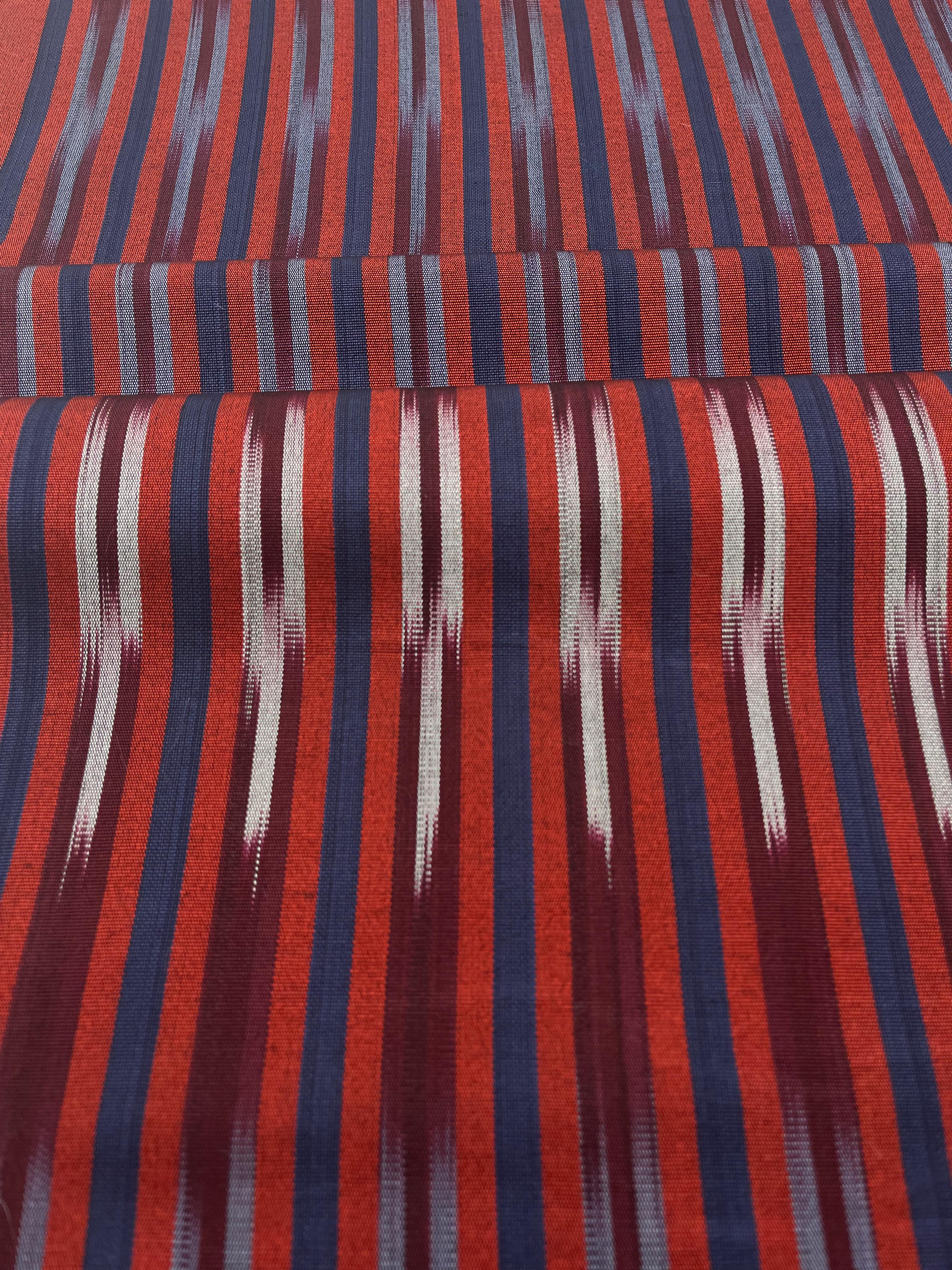 Navy Red Ikat Striped Silk Home Textile Interior Fabrics.