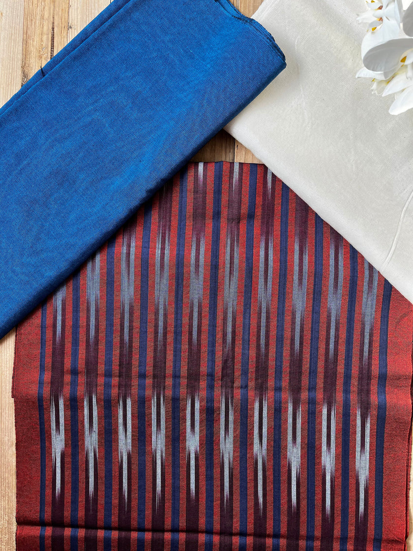 Navy Red Ikat Striped Silk Home Textile Interior Fabrics.