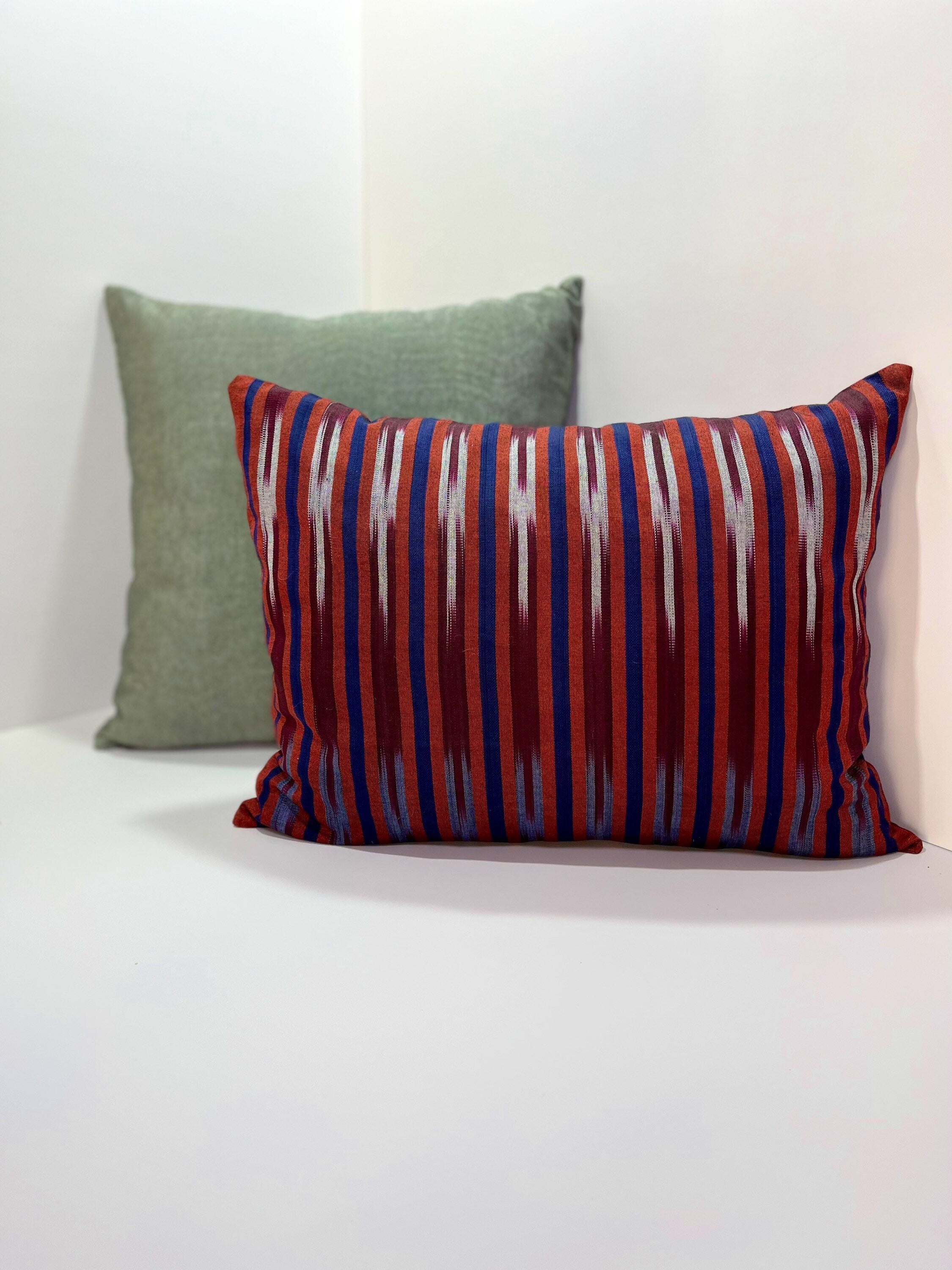 Navy Red Ikat Striped Silk Home Textile Interior Fabrics.