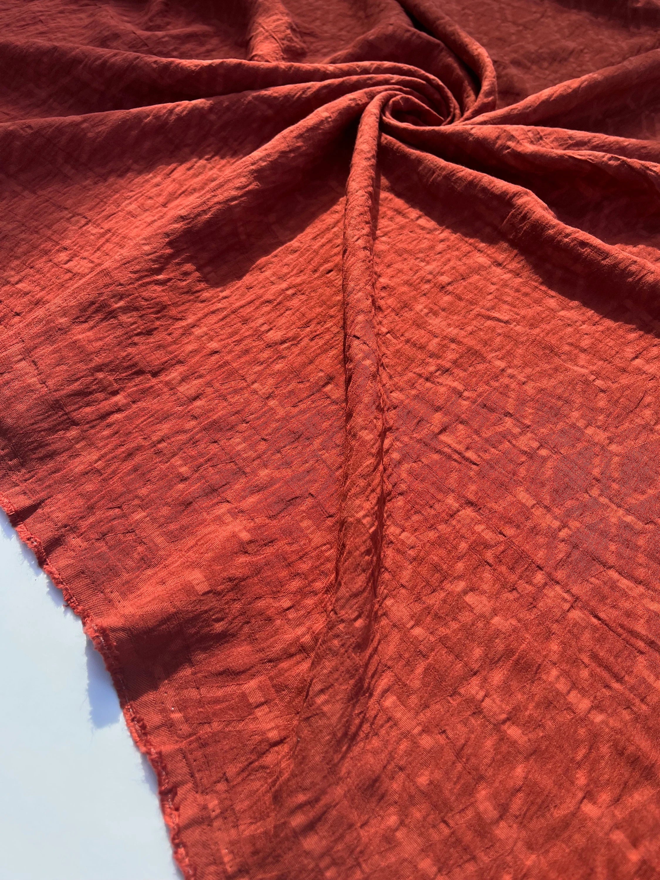 Brick Red Cotton Summer Fabric With Geometric Pattern.