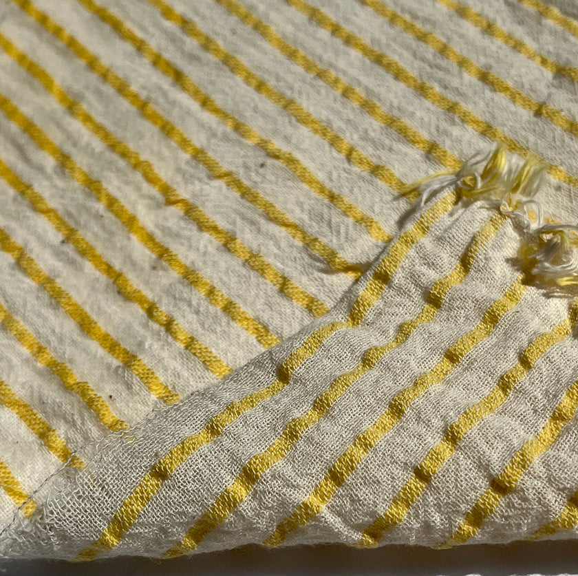 Yellow Striped Organic Cotton Fabric By The Meter, Crinkle Fabric With Pin Stripes.