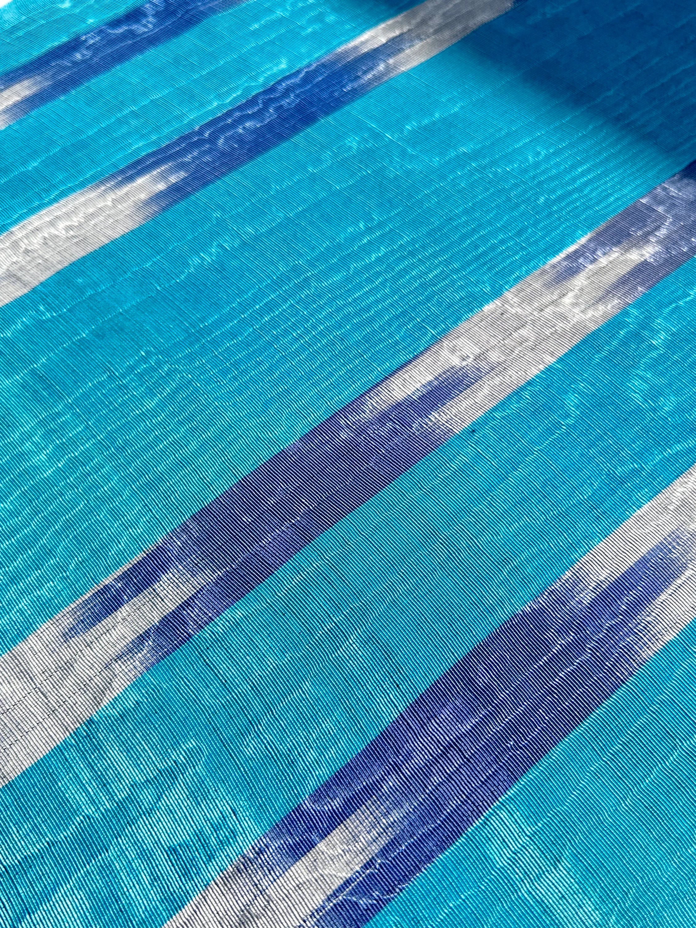 Blue Ikat Silk Moire Home Textile Interior Fabrics, Watermark Patterns.