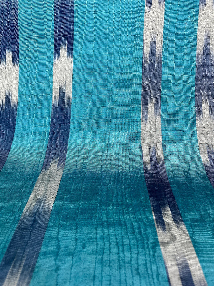 Blue Ikat Silk Moire Home Textile Interior Fabrics, Watermark Patterns.