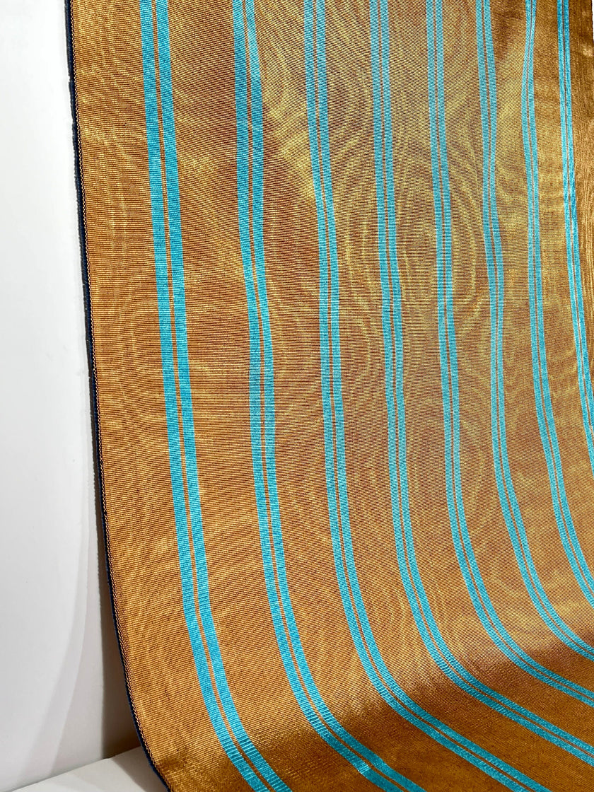 Bronze Blue Stripes Silk Moire Home Textile Interior Fabrics, Watermark Pattern.