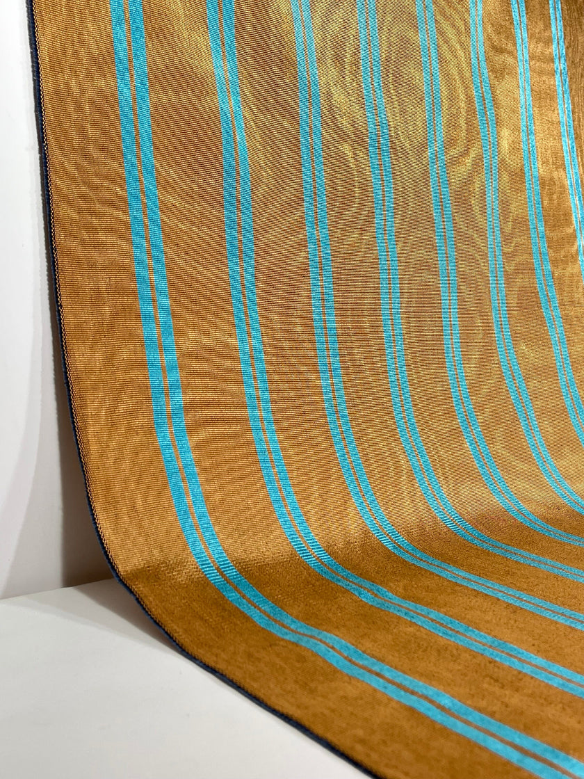 Bronze Blue Stripes Silk Moire Home Textile Interior Fabrics, Watermark Pattern.