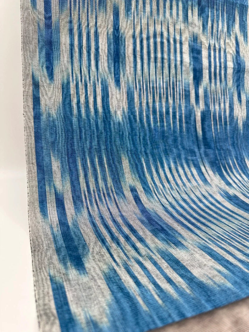 Ikat Silver Blue Striped Silk Home Textile Interior Fabrics Moire, Watermark Pattern.