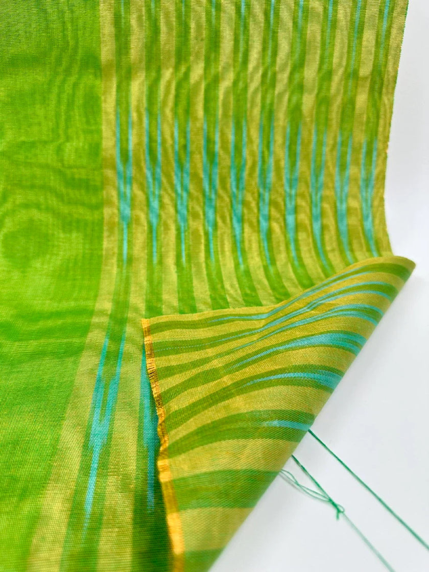 Green Ikat Stripes Luxurious Silk Moire, Home Textile Interior Fabrics, Watermark Pattern.