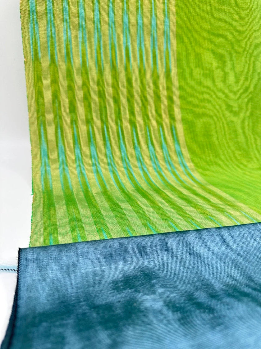 Green Ikat Stripes Luxurious Silk Moire, Home Textile Interior Fabrics, Watermark Pattern.