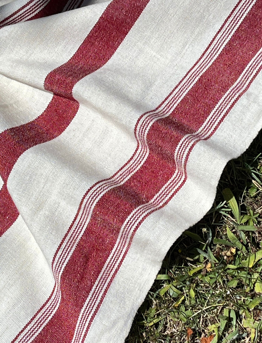 Red Striped Heavy Weight Softened Linen Cotton Fabric By The Yard.
