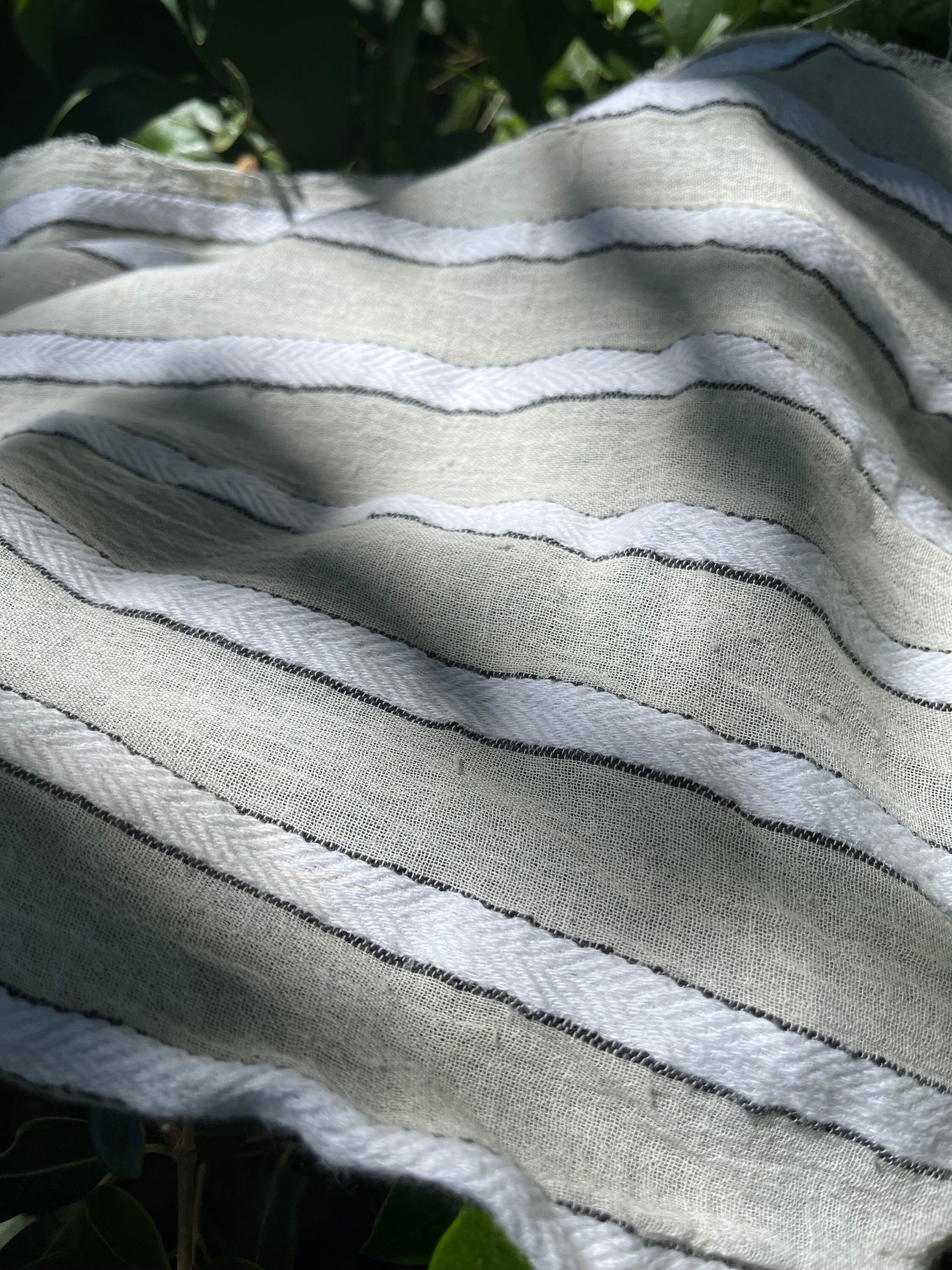 Striped Cotton Semi Sheer Fabric, Unbleached Lightweight Natural.