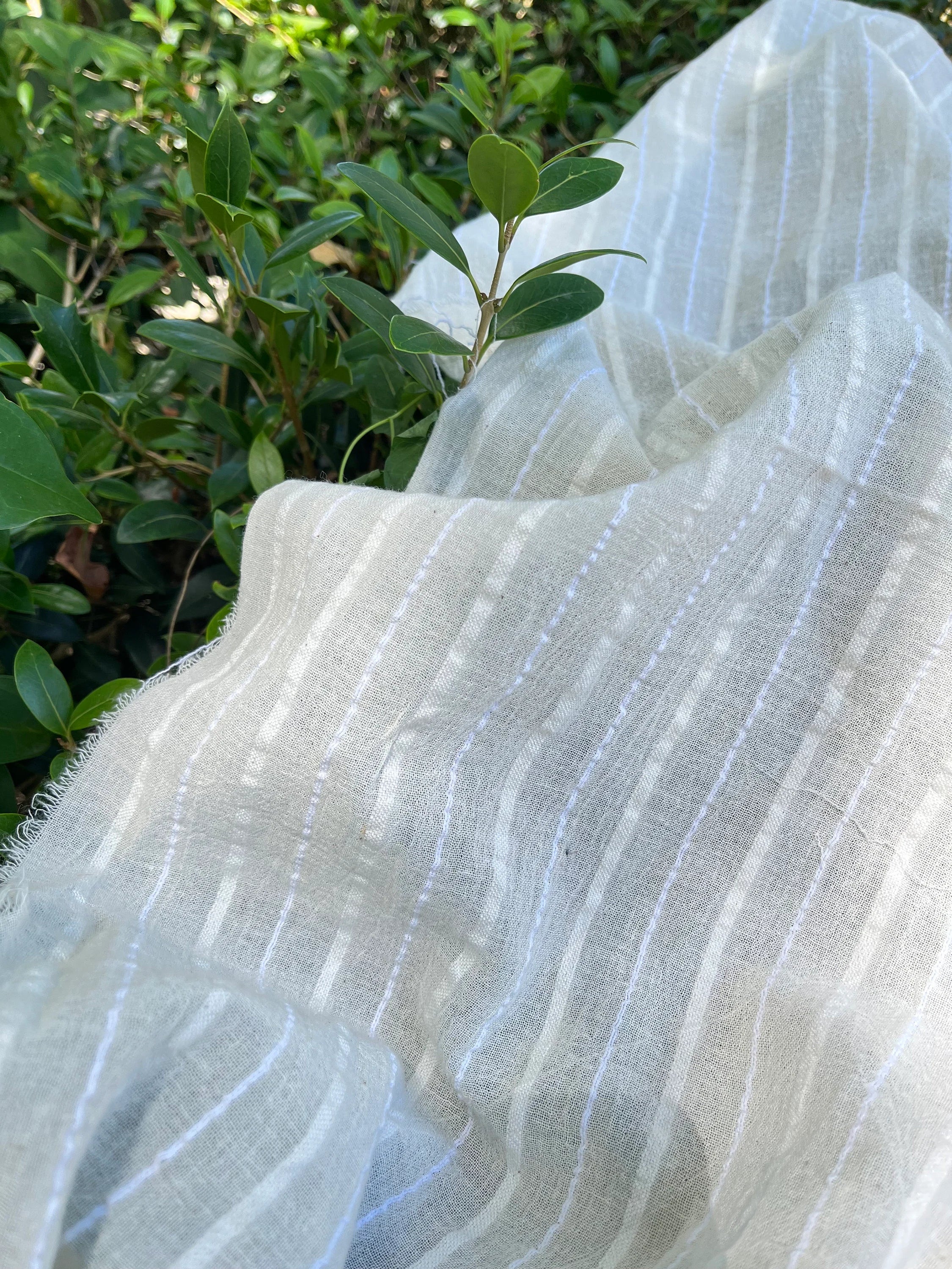 White Pin Striped Neutral Organic Cotton Fabric By The Meter.